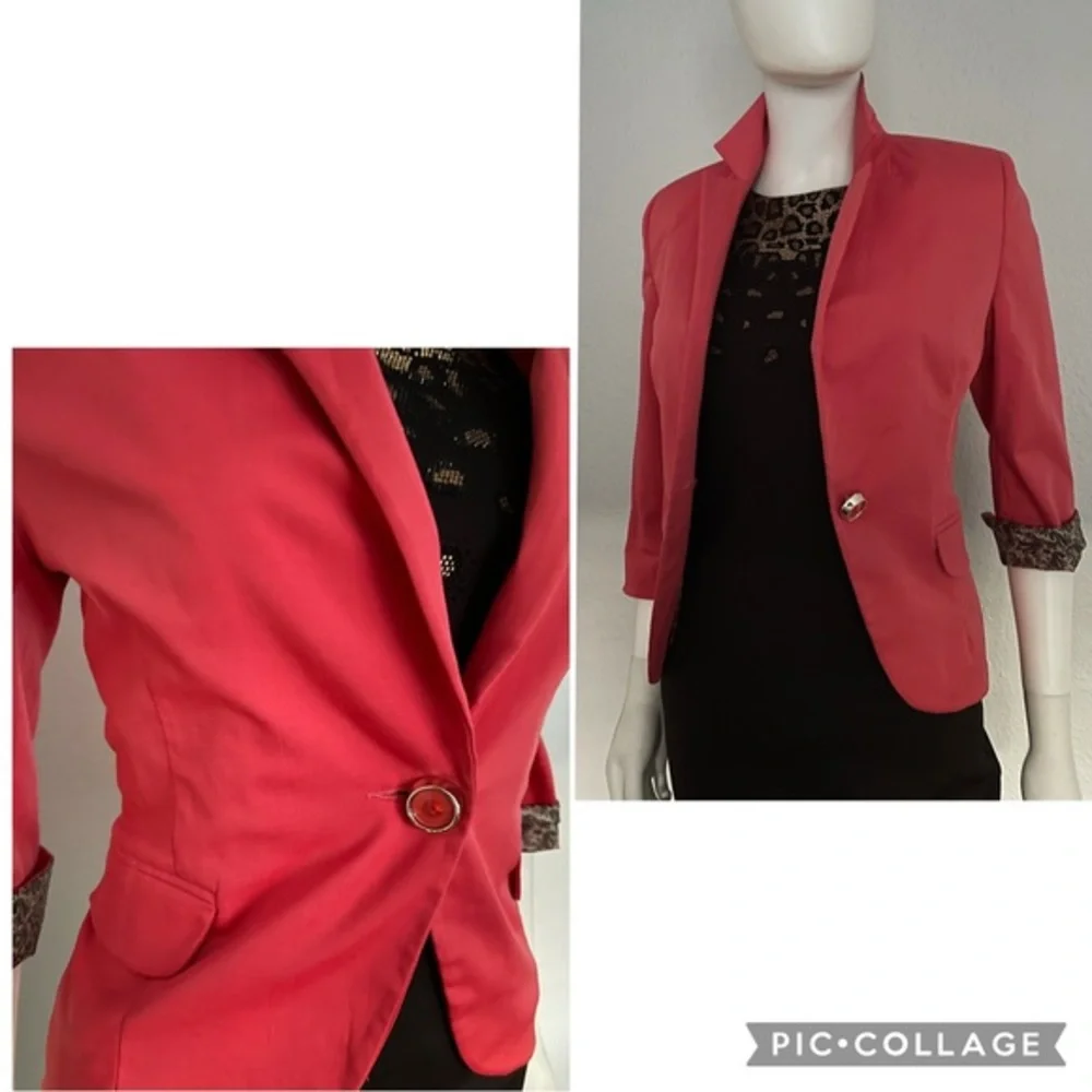 NEW WOMEN BLAZER SINGLE-BREASTED JACKET 3/4 SLEEVES LINED NOTCHED COLLAR CORAL‎